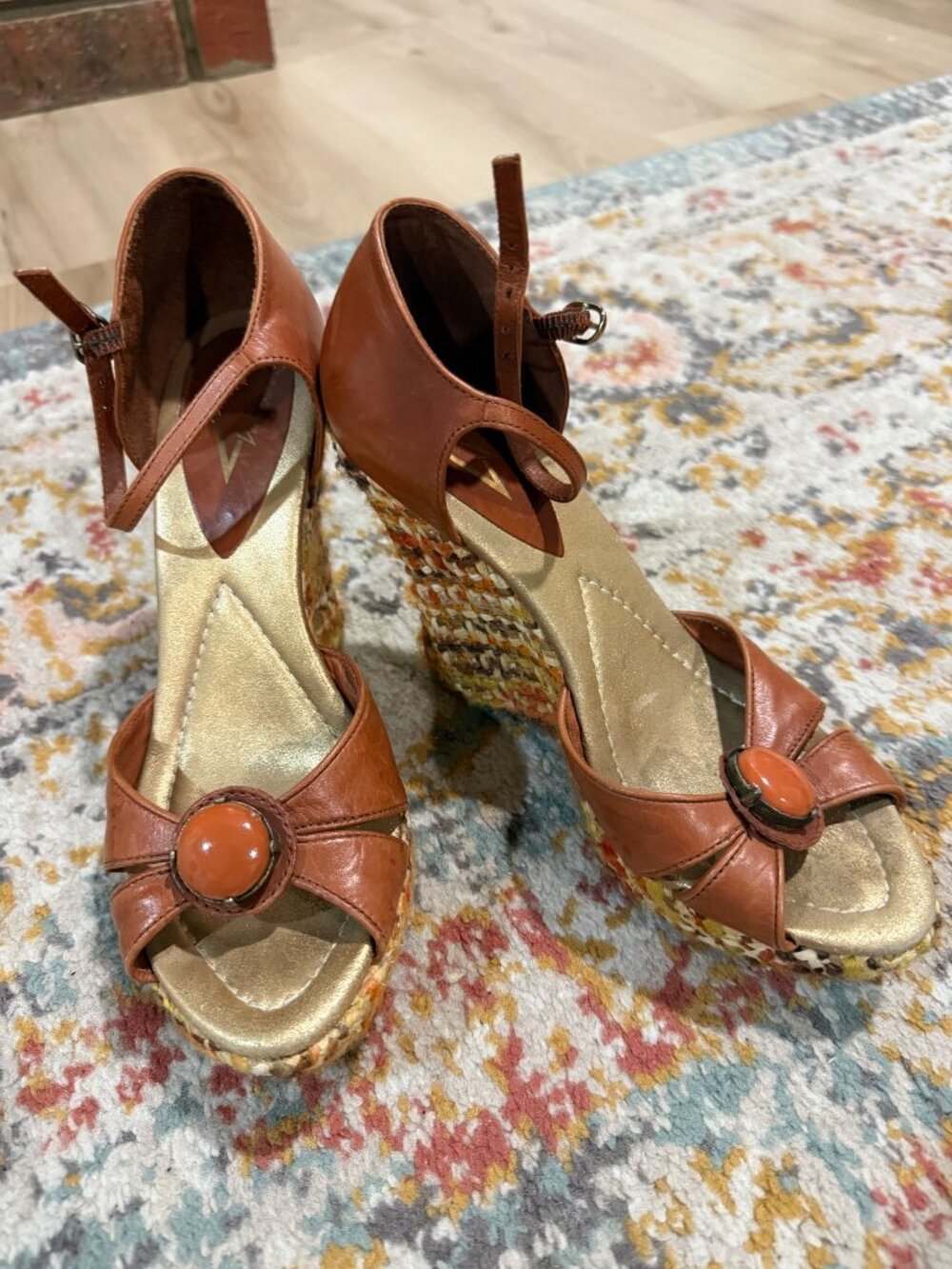 Woven Wedge Sandals with Ankle Strap and Button Detail